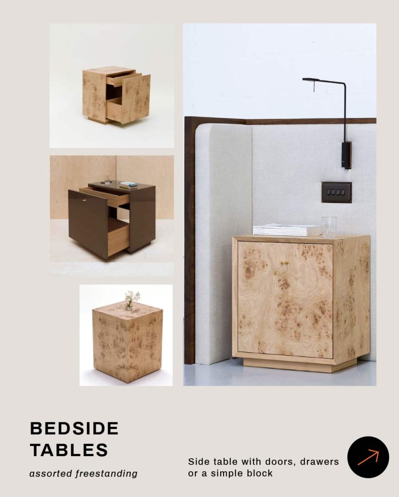 A collection of assorted freestanding bedside tables featuring various designs and finishes.