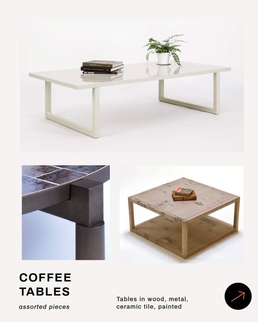 Various coffee tables made from wood, metal, and Zellige tile with different designs.