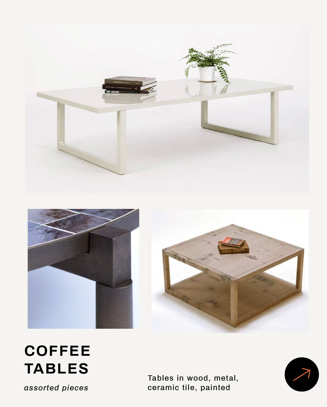 Various coffee tables made from wood, metal, and Zellige tile with different designs.