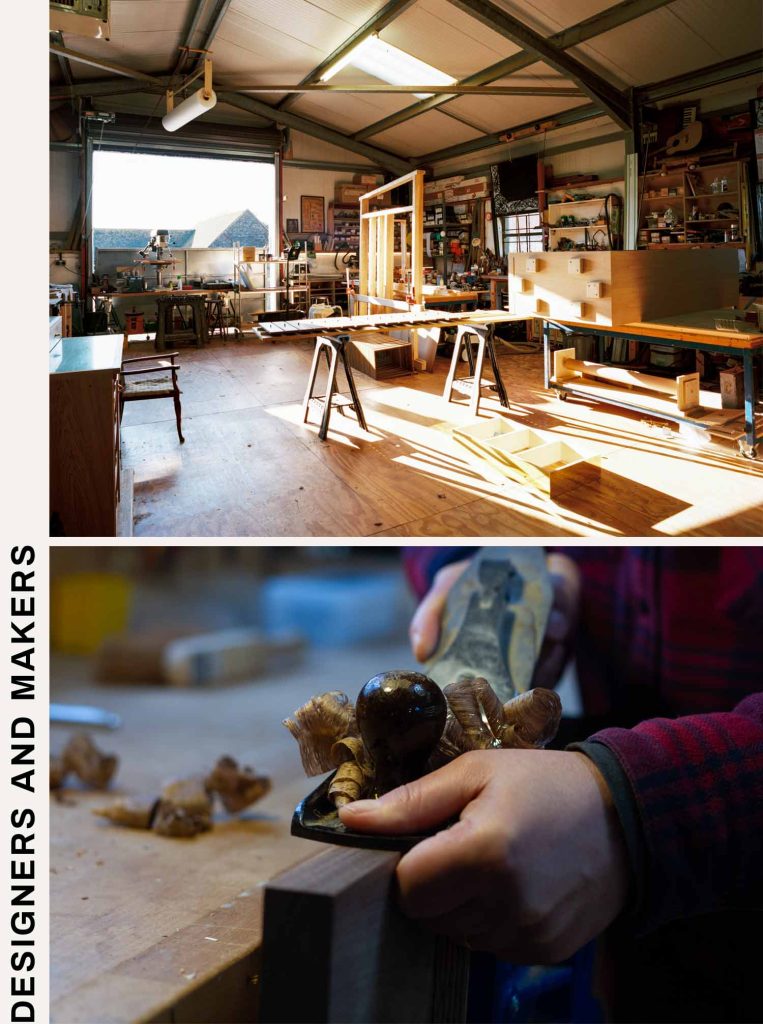 Interior view of our workshop with tools and materials visible, and a close up of someone hand planing wood