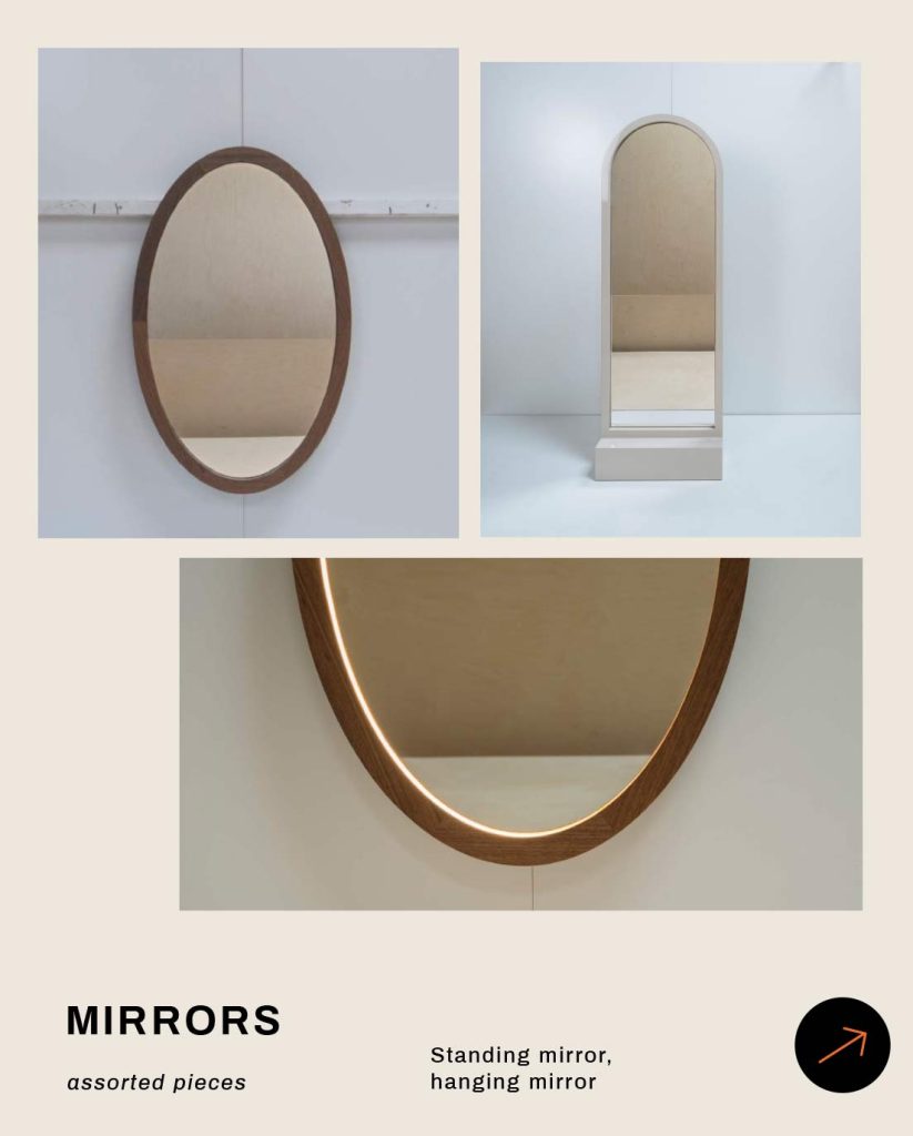 Three mirrors displayed in various styles, including a standing mirror and a hanging mirror.