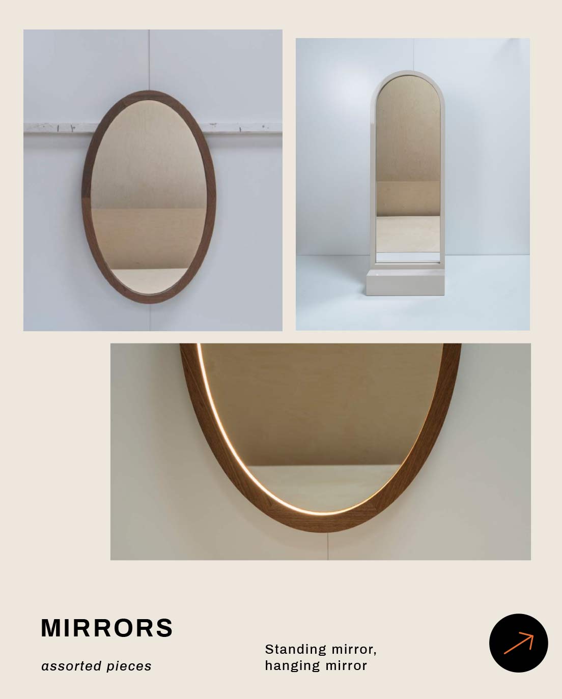 Three mirrors displayed in various styles, including a standing mirror and a hanging mirror.