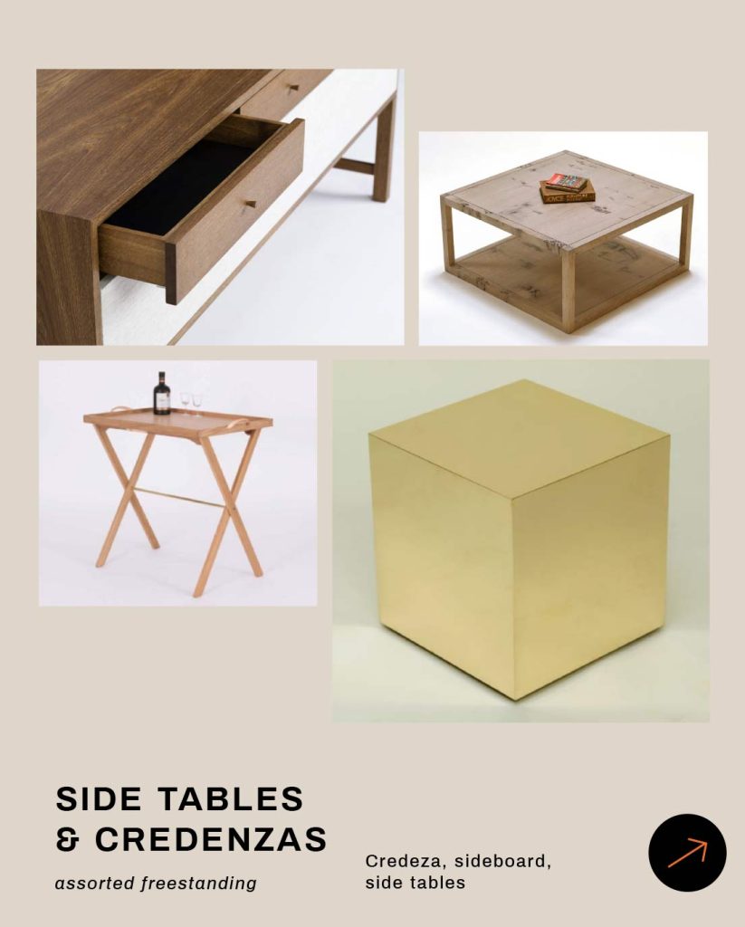 Various side tables and credenzas including a butlers tray, a wooden sideboard with drawers and a brass cube side table.