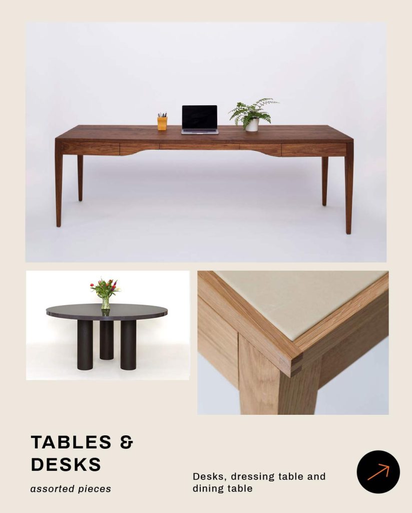 Tables and desks, including a walnut writing desk with three drawers, a black stained oak round table and a leather topped dressing table.