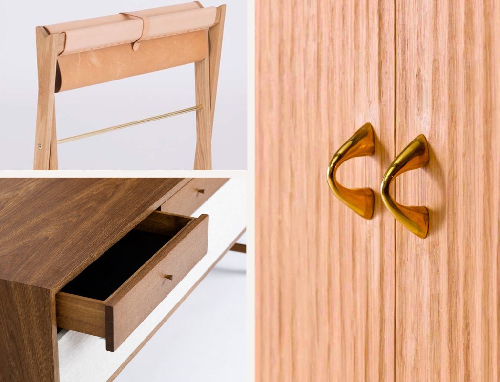 Close-up view of wooden furniture featuring an oak and leather luggage rack, a fumed oak credenza with open drawer and brass handle detail on a carved oak door to a drinks cabinet.
