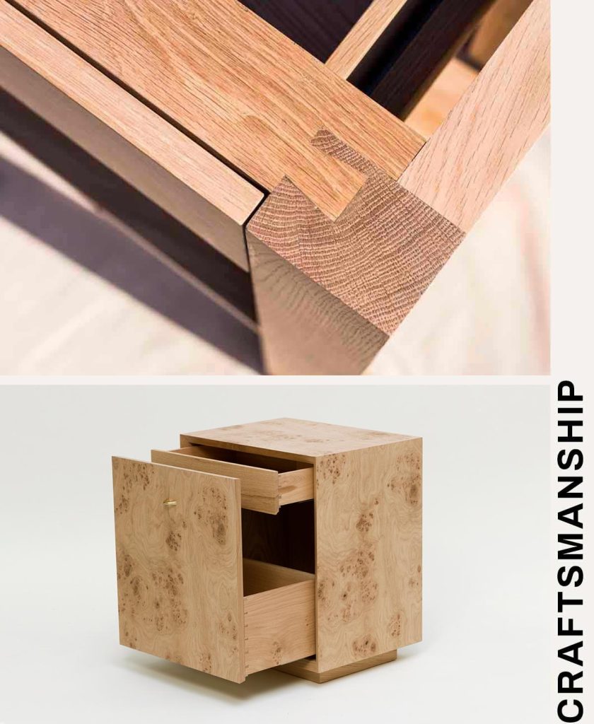 Close-up of cabinet dovetail joints and a pippy oak bedside cabinet with open drawers.