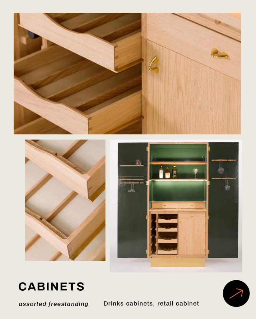 Various wooden cabinets with shelves and a drinks cabinet featuring glassware and bottles.
