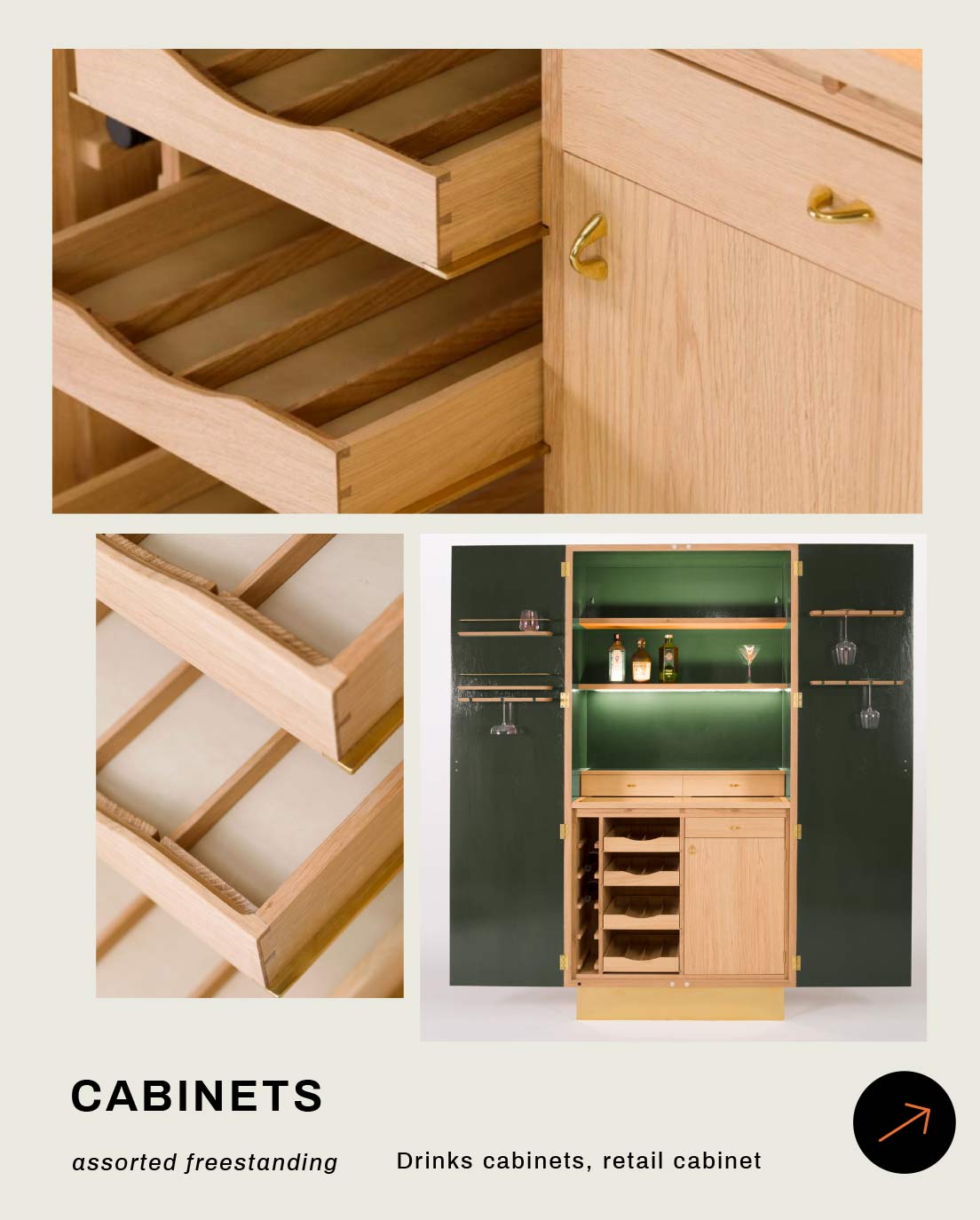 Various wooden cabinets with shelves and a drinks cabinet featuring glassware and bottles.