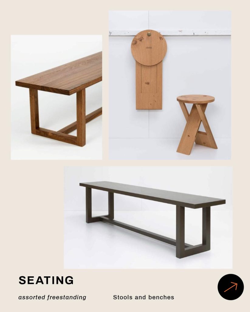 Examples of freestanding seating including wooden benches and a round folding stool