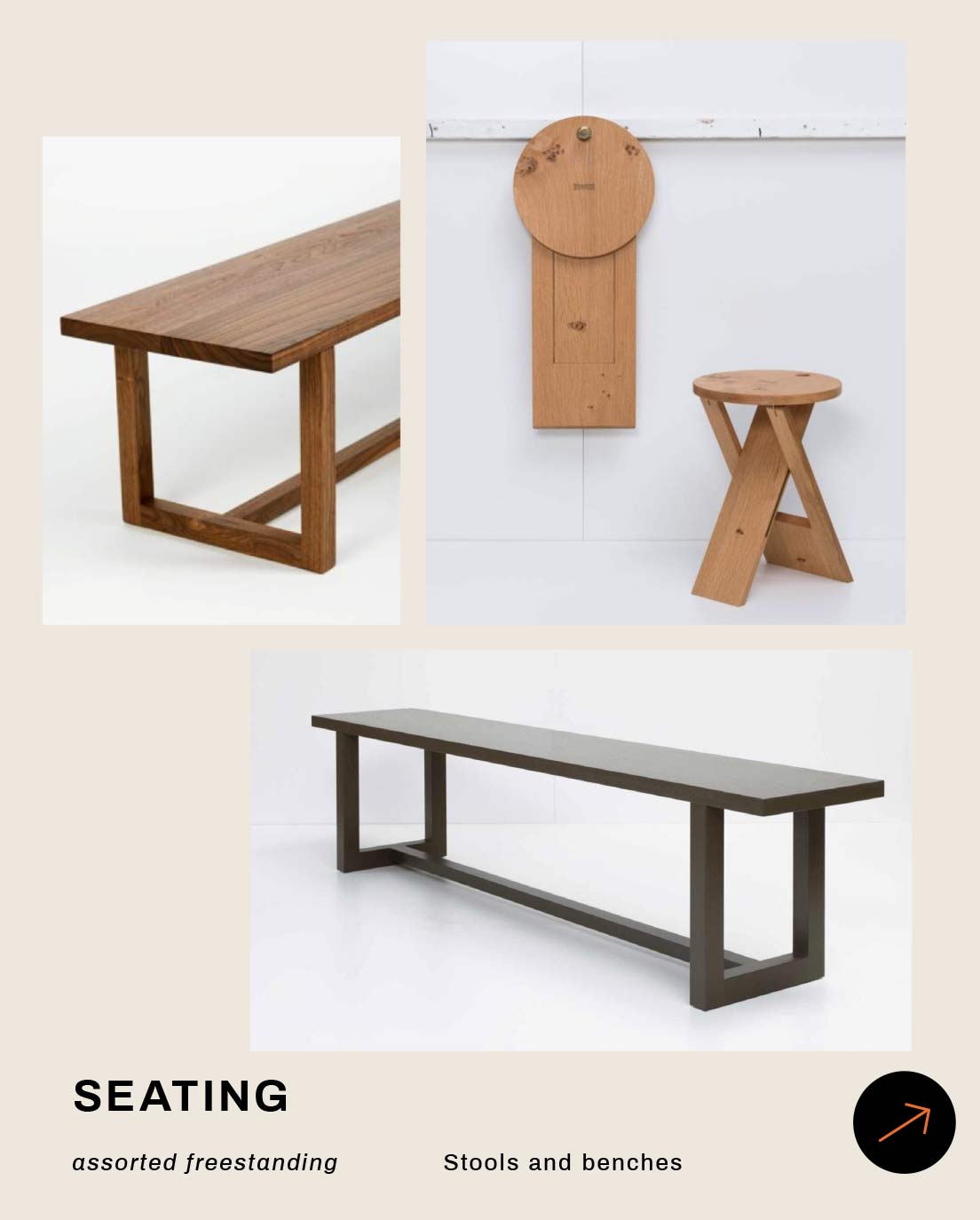 Examples of freestanding seating including wooden benches and a round folding stool